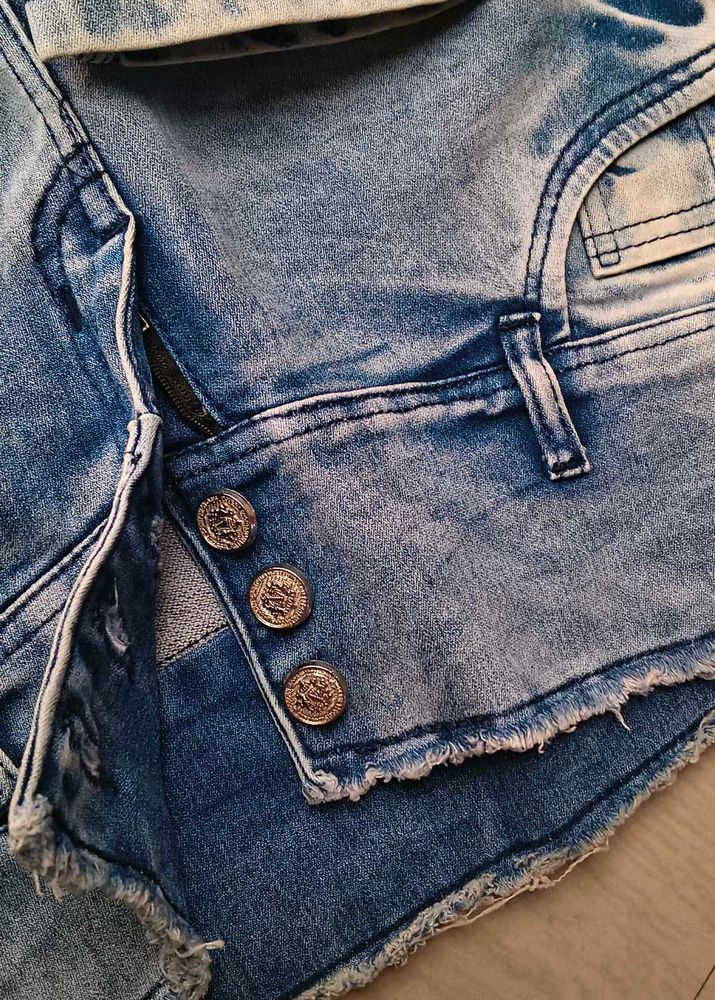 Denim Distressed Shorts with Button Detail