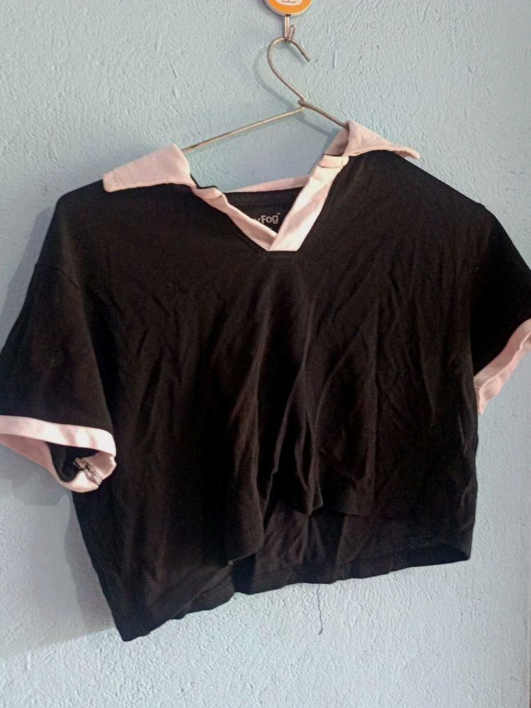 Black Cropped Polo Top with trousers