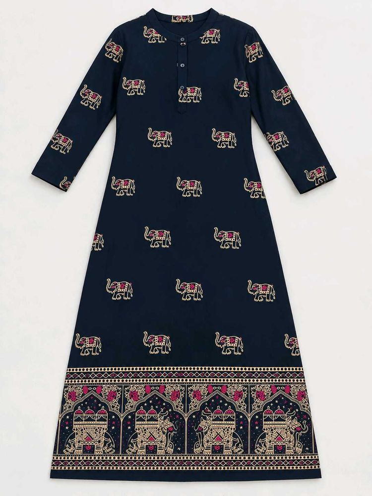 Elegant Navy Elephant Print Kurta