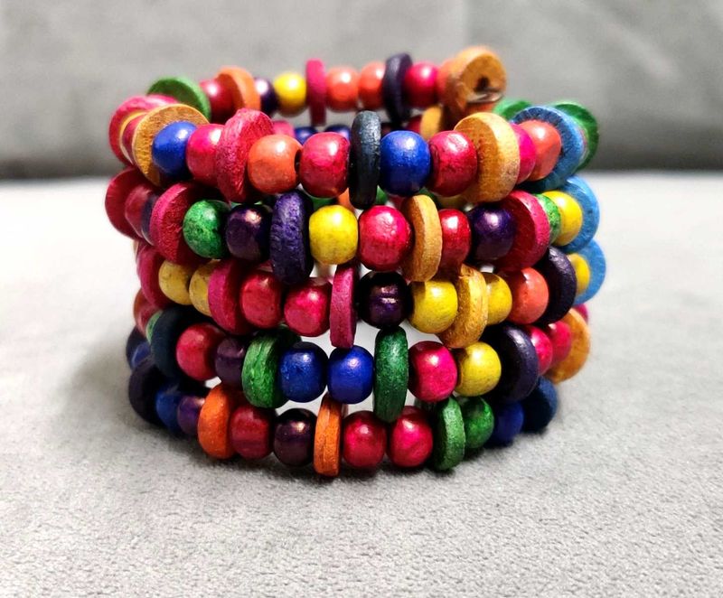 Layered Wooden Multicolor Bead Spring Bracelet