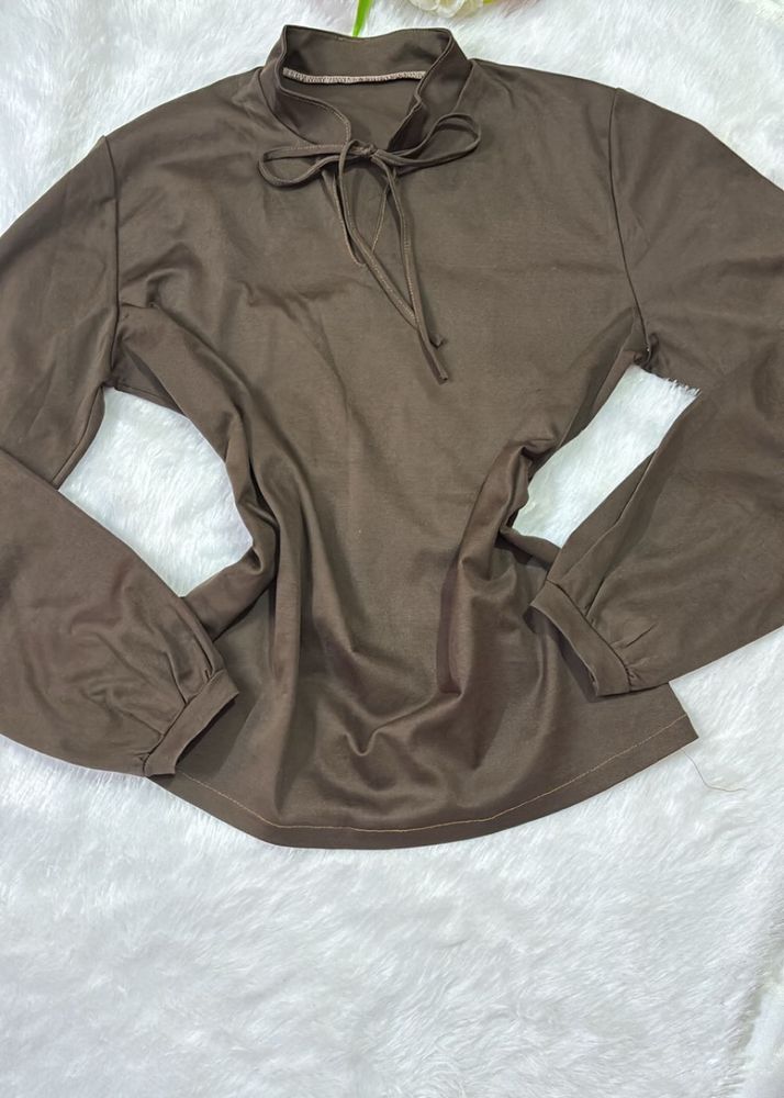 Chic Brown Long Sleeve Tie Neck Top