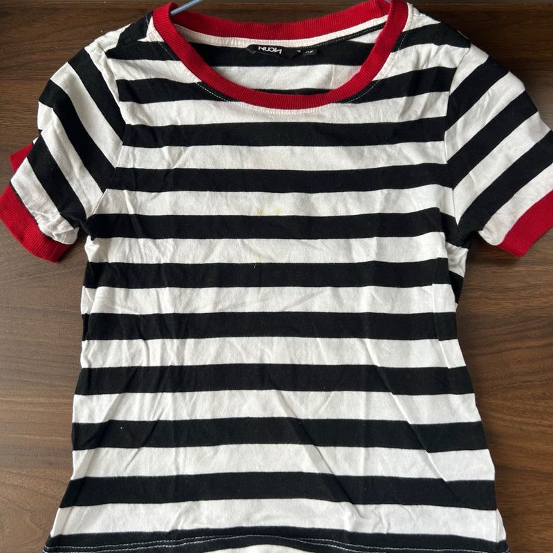 Black &amp; White Striped T-Shirt with Red Trim