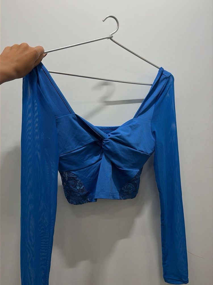 Blue Ruched Mesh Long Sleeve Top