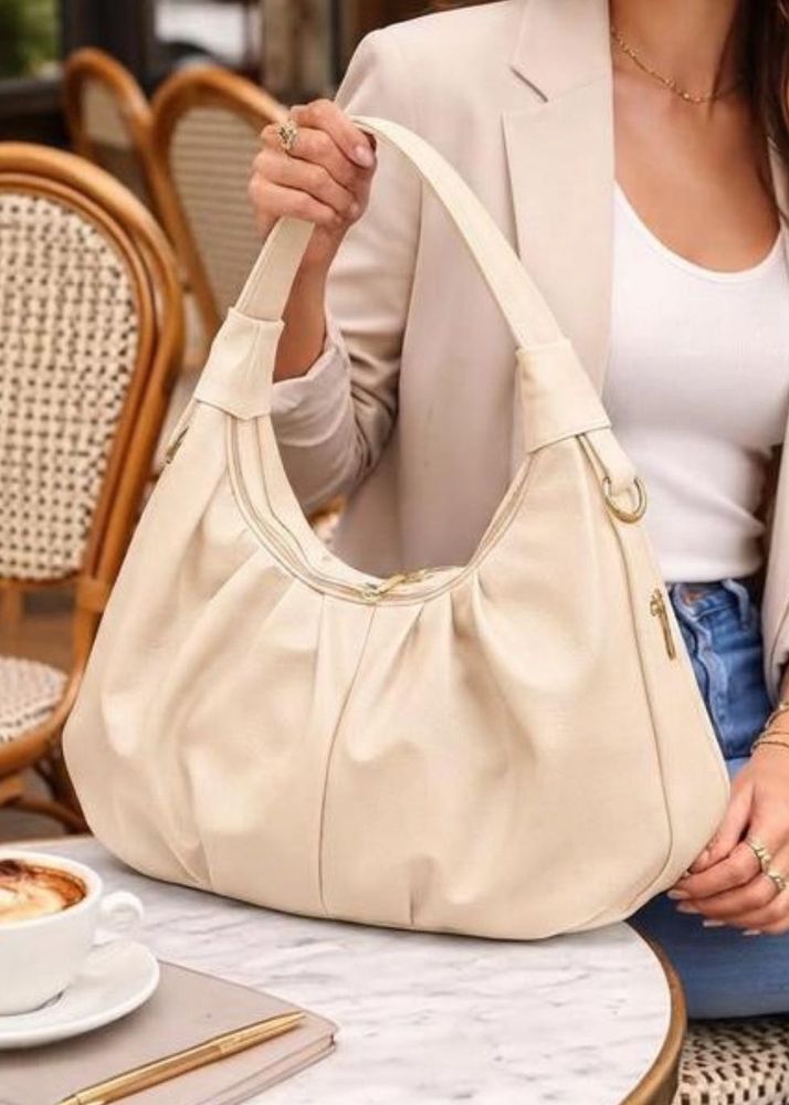 Cream Ruched Hobo Bag