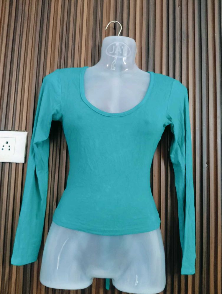 Turquoise Long Sleeve Scoop Neck Top