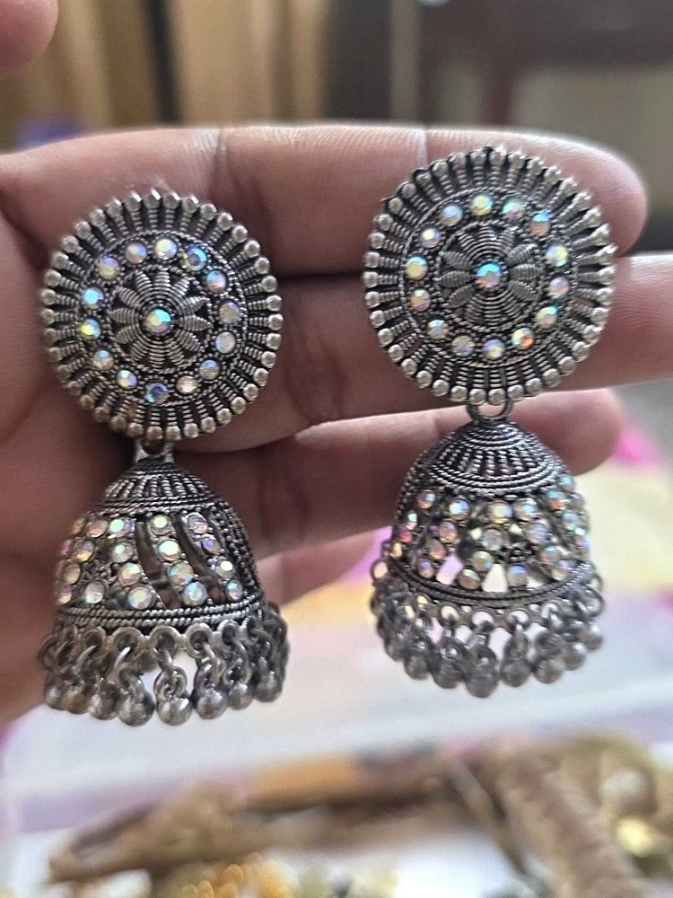 Oxidized Jhumka Earrings with Crystals