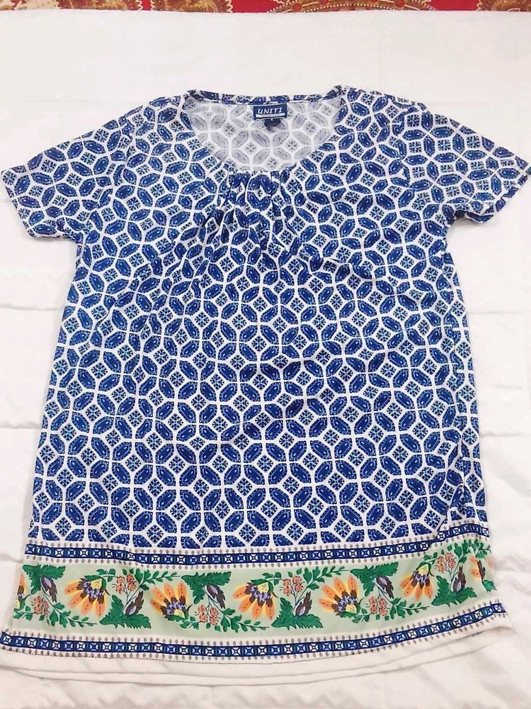 Blue &amp; White Geometric Print Tunic Top
