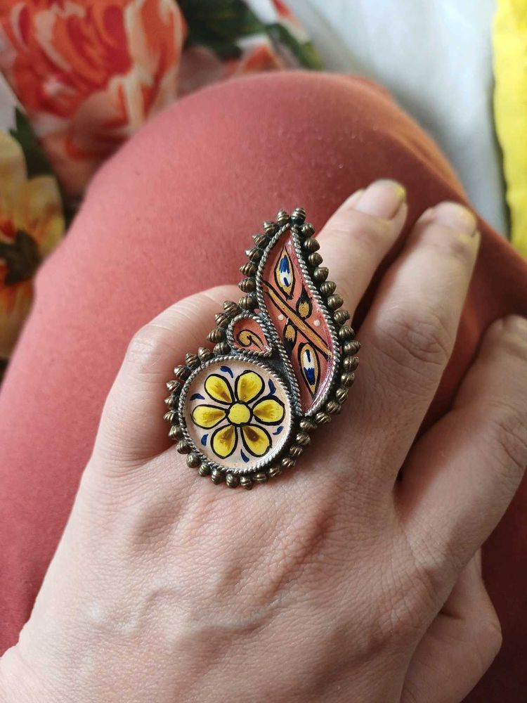 Hand painted brass Floral Statement Ring