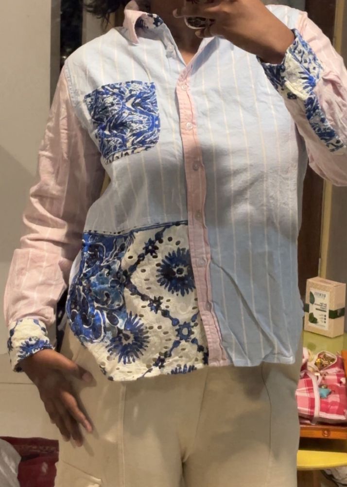 Pink &amp; Blue Striped Oversized Casual Shirt with Em