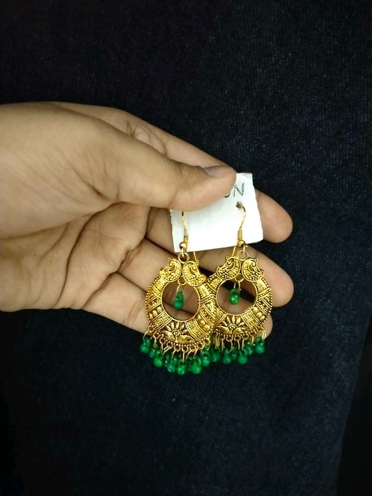 Boho Golden Jhumka Earrings with Green Beads