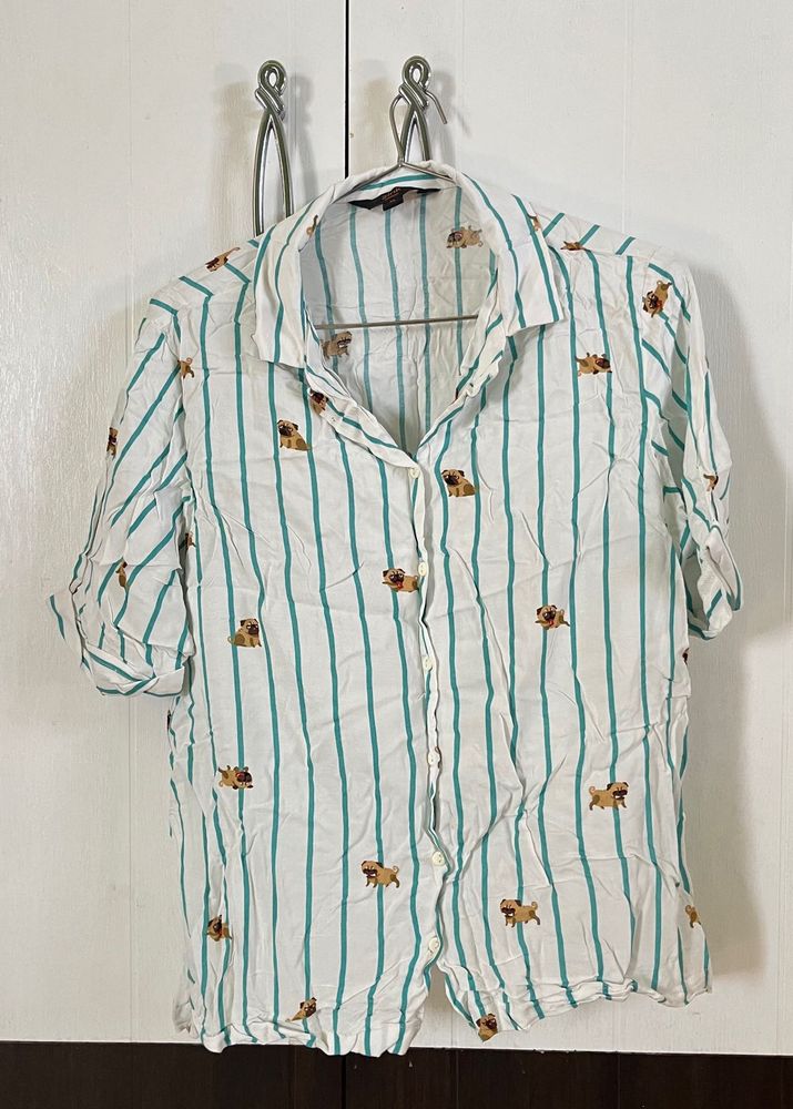 Cute Pug Striped Button-Up Shirt