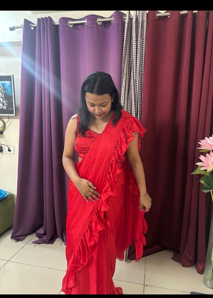 Elegant Red Ruffle Saree Made to Order