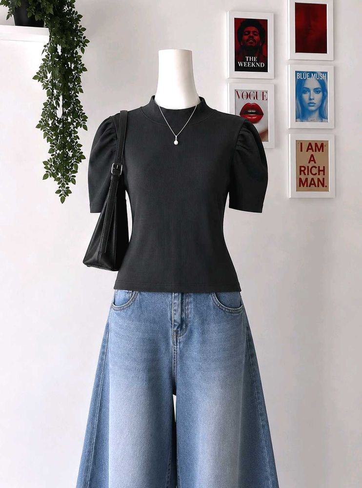 Black Puff Sleeve Mock Neck Top