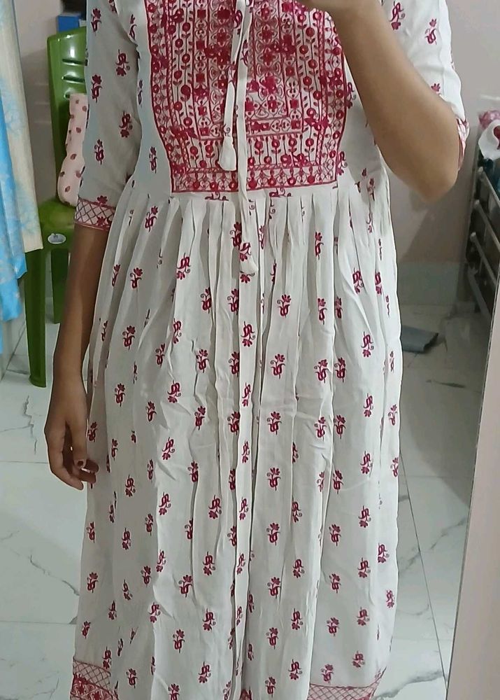 White Kurta with Pink Floral print