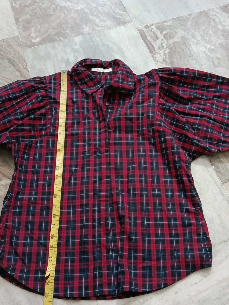Plaid Puff Sleeve Button-Up Shirt