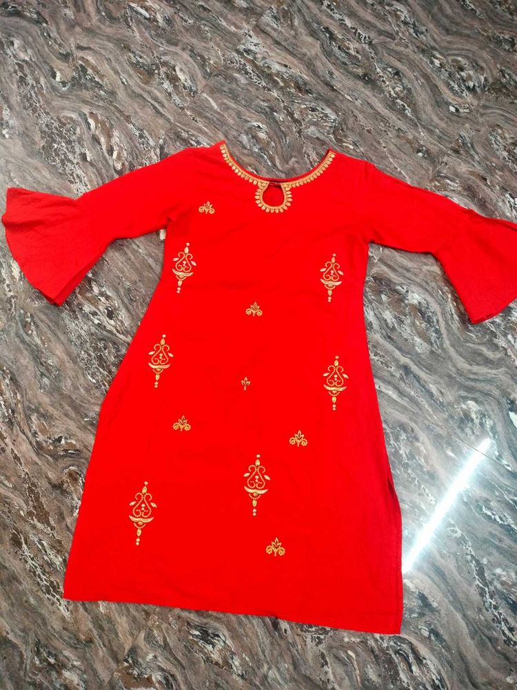 Vibrant Red Embroidered Kurta