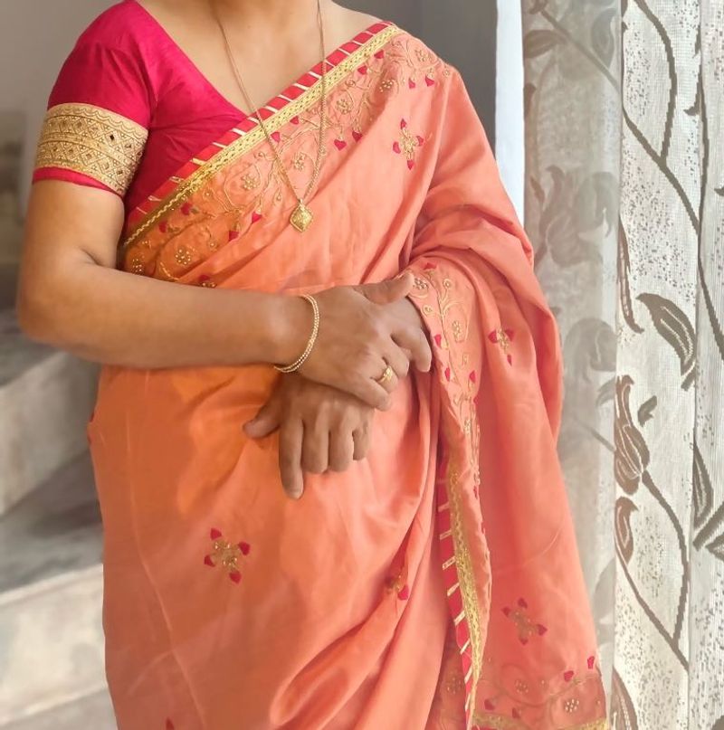 Peach &amp; Red Embroidered Fabric Saree