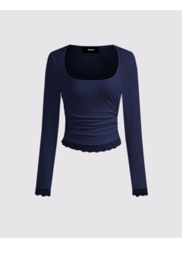 Navy Blue Lace Trim Long Sleeve Top