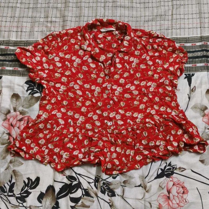 Red Floral Print Button-Up Top