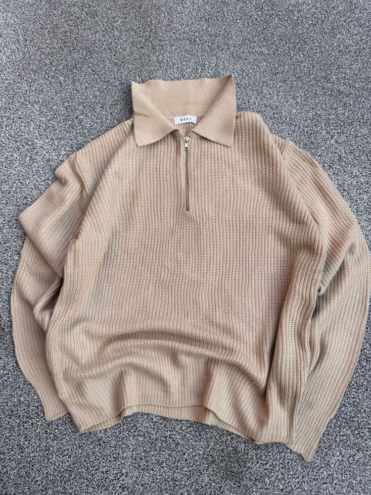 Cozy Beige Quarter Zip Knit Sweater