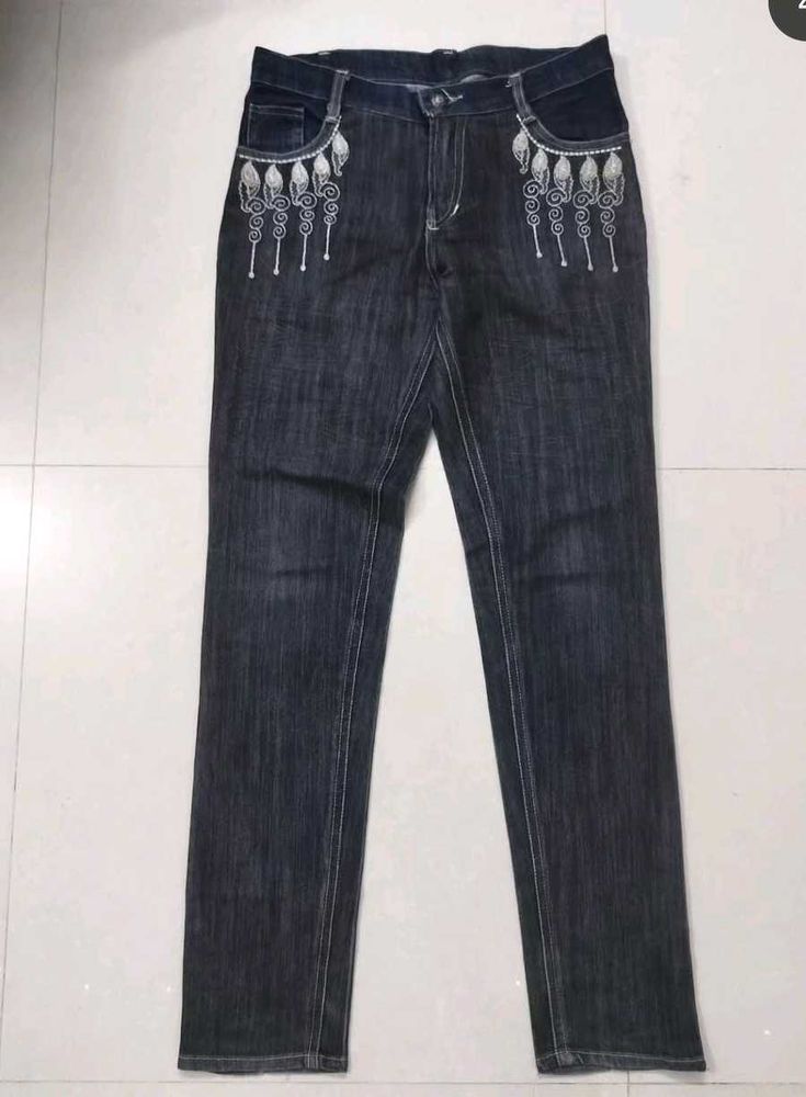 Embroidered Dark Wash Denim Jeans