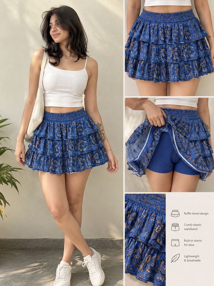 Blue Tiered Ruffle Mini Skirt