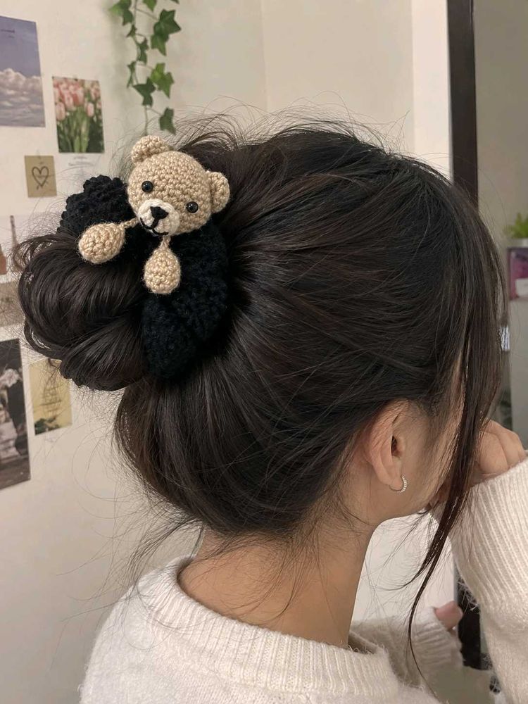 Crochet Teddy Bear Scrunchie 🧸🖤