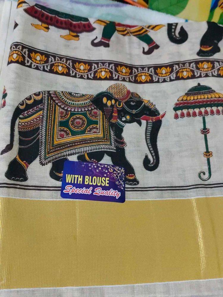 Elephant Print Saree With Blouse Attached