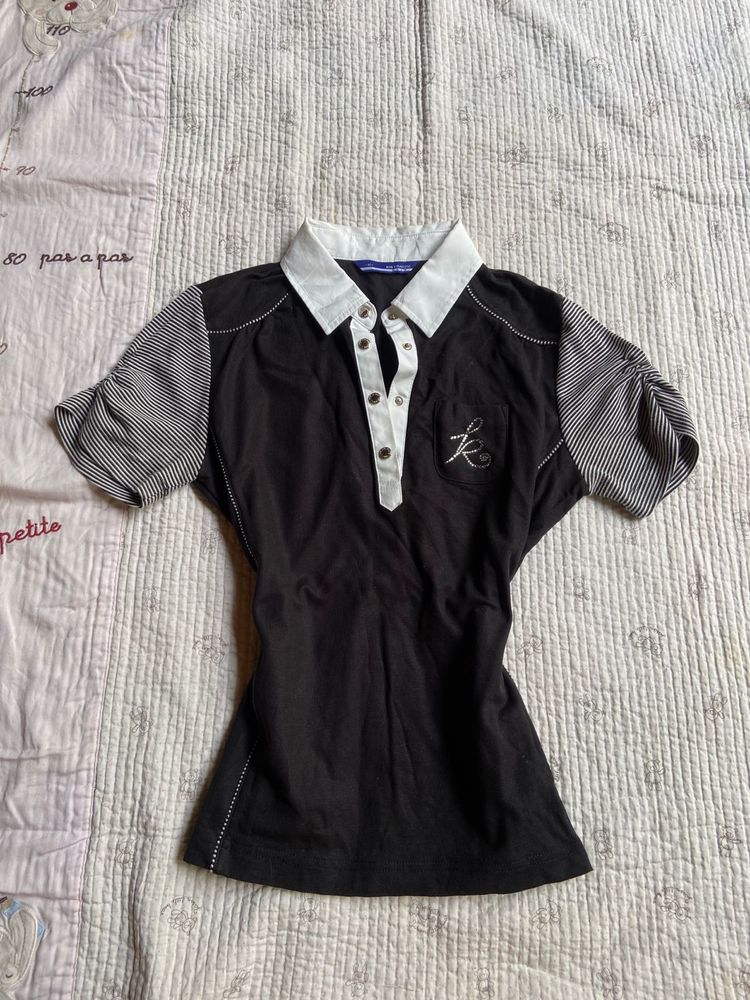 Classic Black Polo Shirt with Striped Sleeves
