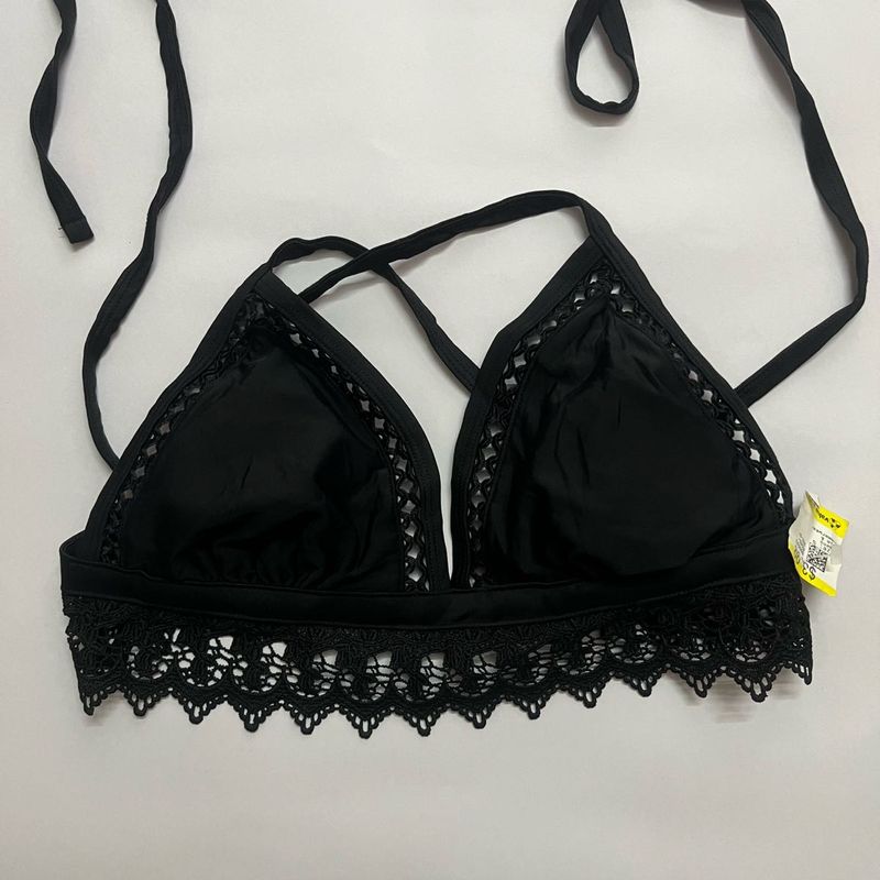 Black Lace Trim Bikini Top