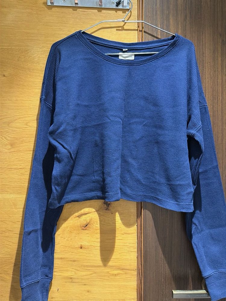 Blue Cropped Ribbed Sweatshirt