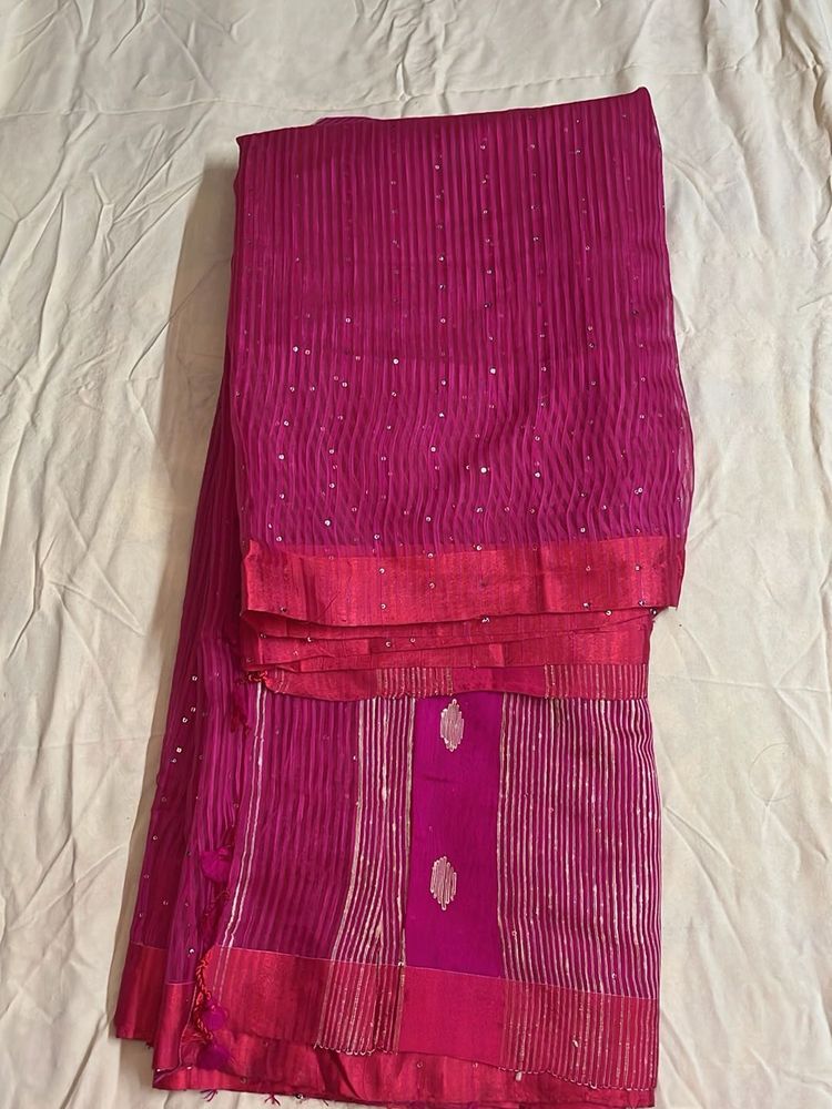Falls done Stunning Pink Sequined Saree