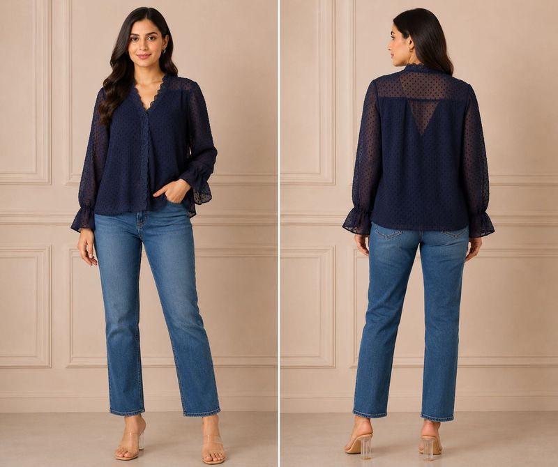 Chic Navy Polka Dot Sheer Blouse