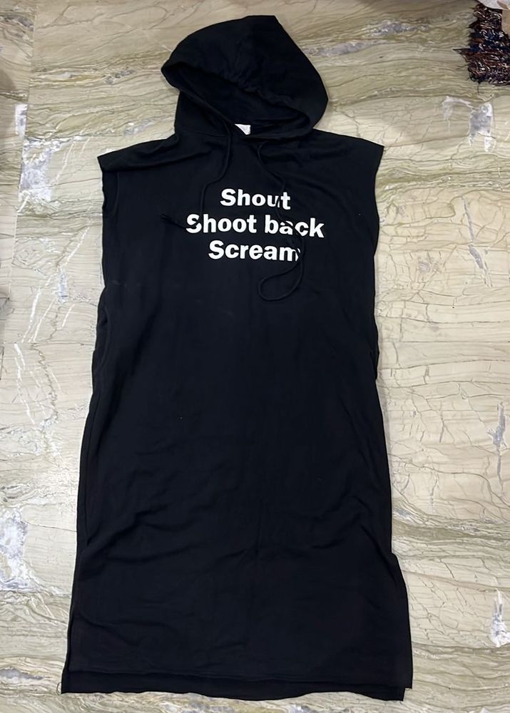 Black Hooded Maxi Dress with Slogan