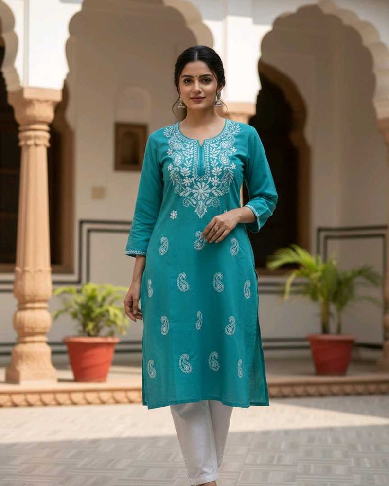 Teal Embroidered Cotton Kurta
