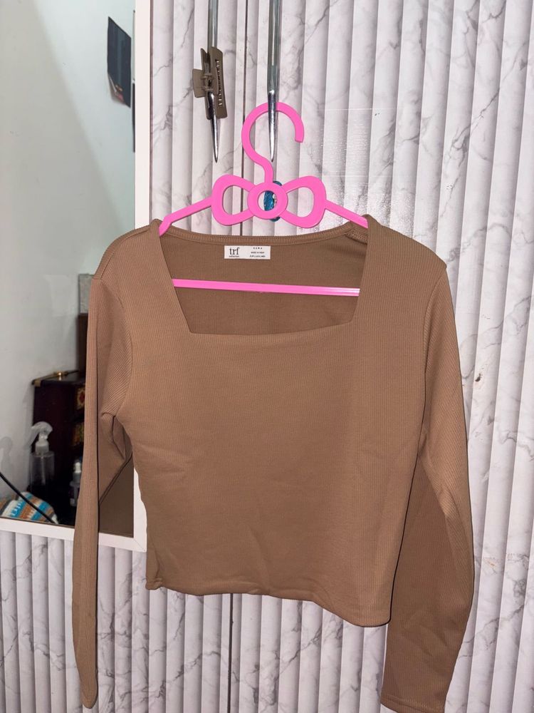 Brown Square Neck Long Sleeve Top