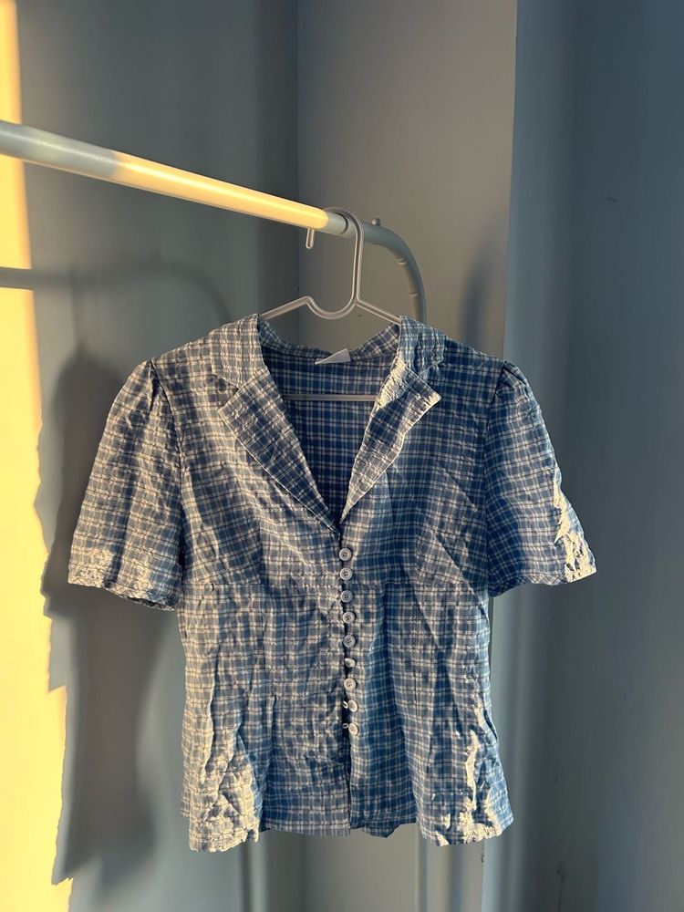 Blue Plaid Button-Up Short Sleeve Top