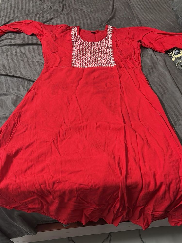 Red Kurta with White Embroidery