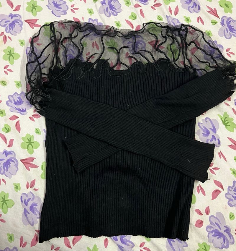 Chic Black Ruffled Sheer Sleeve Top