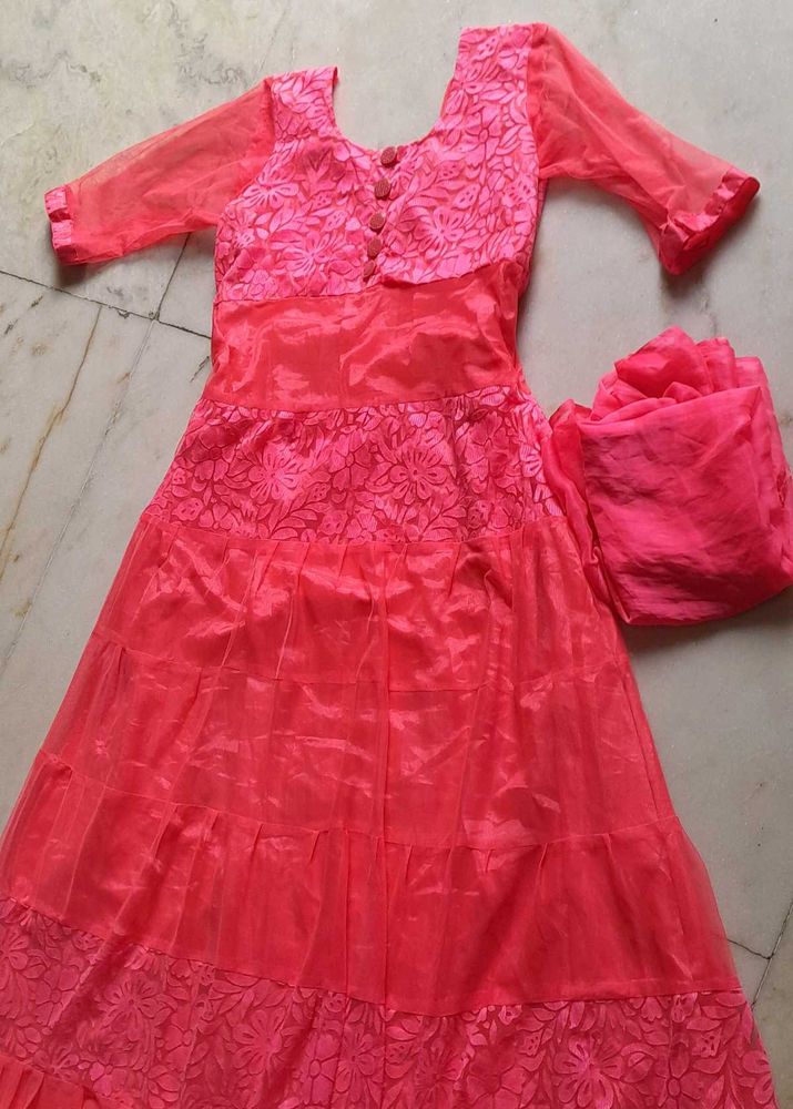 Stunning Coral Anarkali with Dupatta