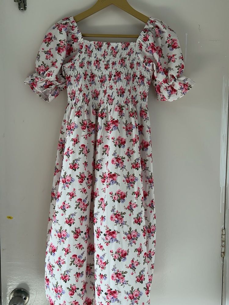 Floral Smocked Square Neck Dress