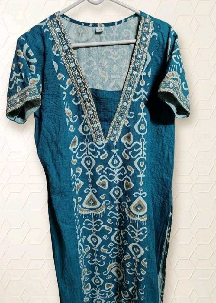 Teal Printed V-Neck Kurta