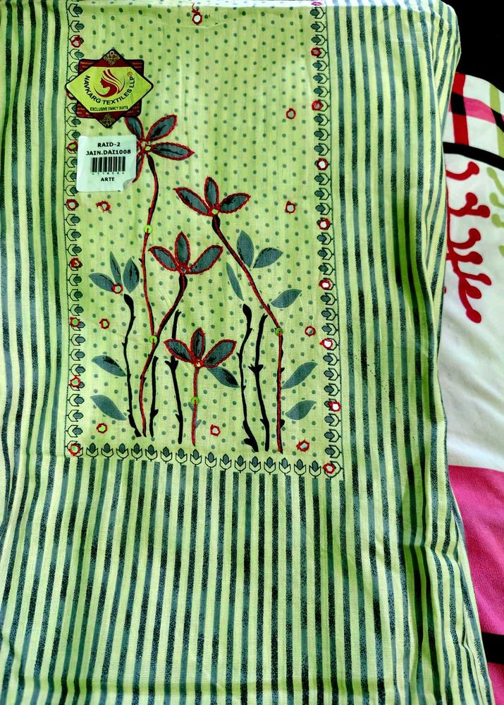 Green Striped Floral Dress Material