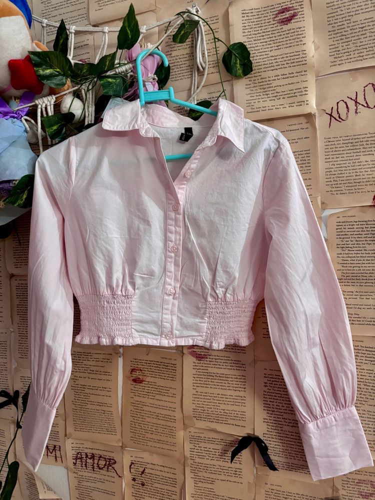 Pink Cropped Smocked Button-Up Shirt