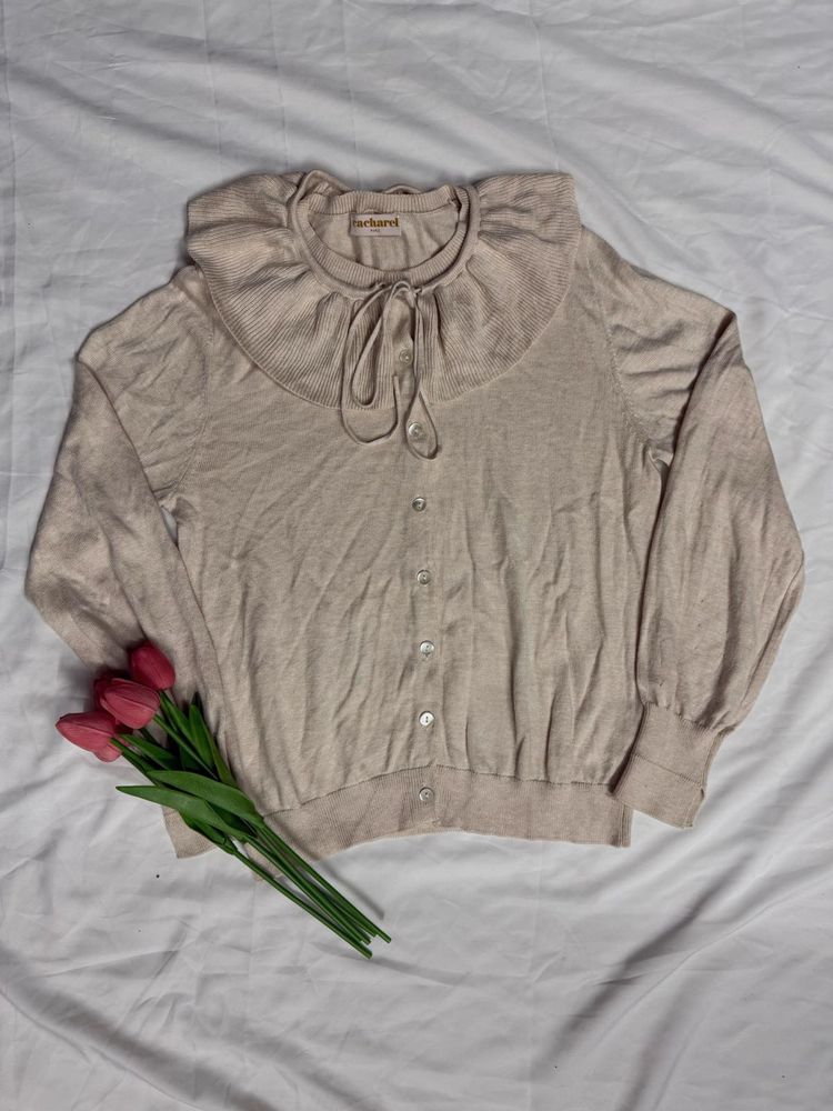 Beige Knit Cardigan with Ruffle Collar