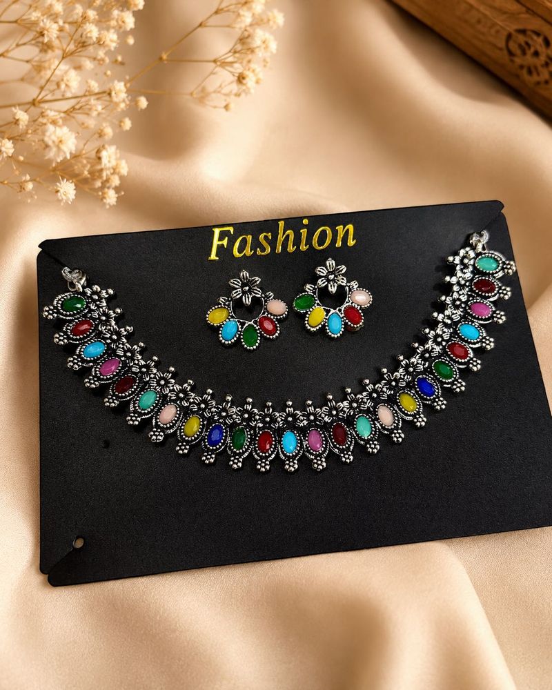Boho Multicolored Stone Necklace and Earring Set