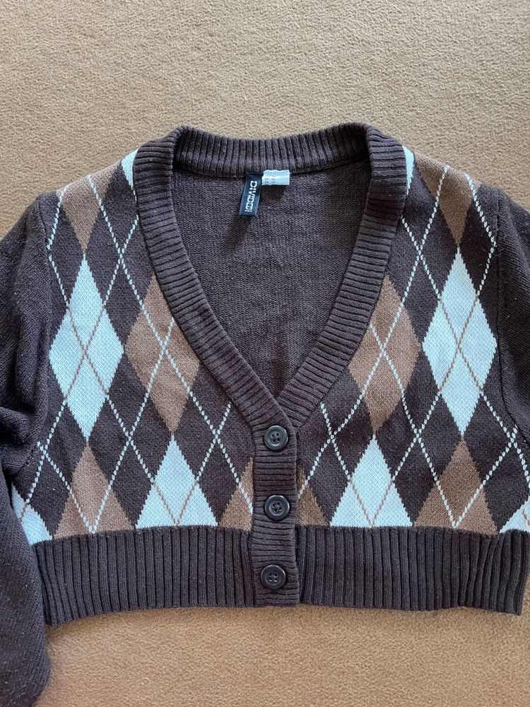 Brown Argyle V-Neck Cardigan
