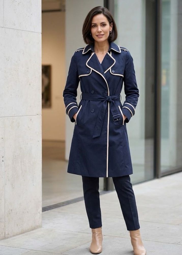 Classic Navy Trench Coat with Cream Trim