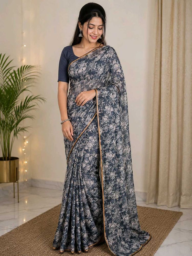 Elegant Floral Print Saree  with Beaded Trim