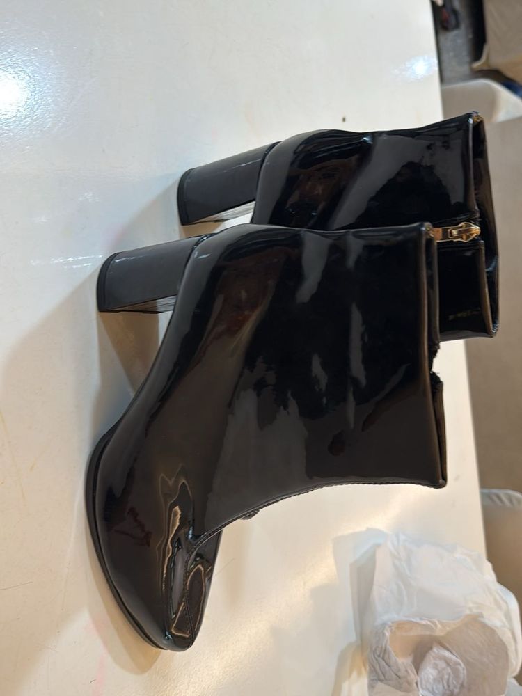 Glossy Black Block Heel Ankle Boots